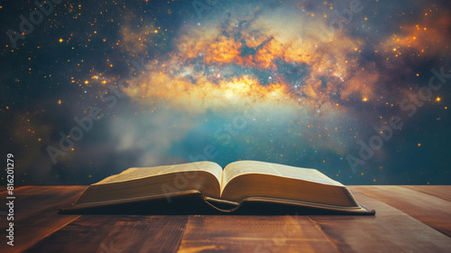 Abra o antigo livro da Bíblia sobre o fundo mágico do céu da galáxia. Religião, luz de Deus, verdade, iluminação espiritual, amor de Deus e conceito de graça