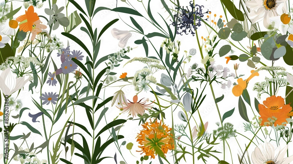 Orange, white, green, and blue flowers in a white background Orange, white, green, and blue flowers in a white background