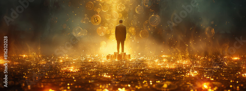 business man standing on top of stacks of coins on a golden background,generative ai