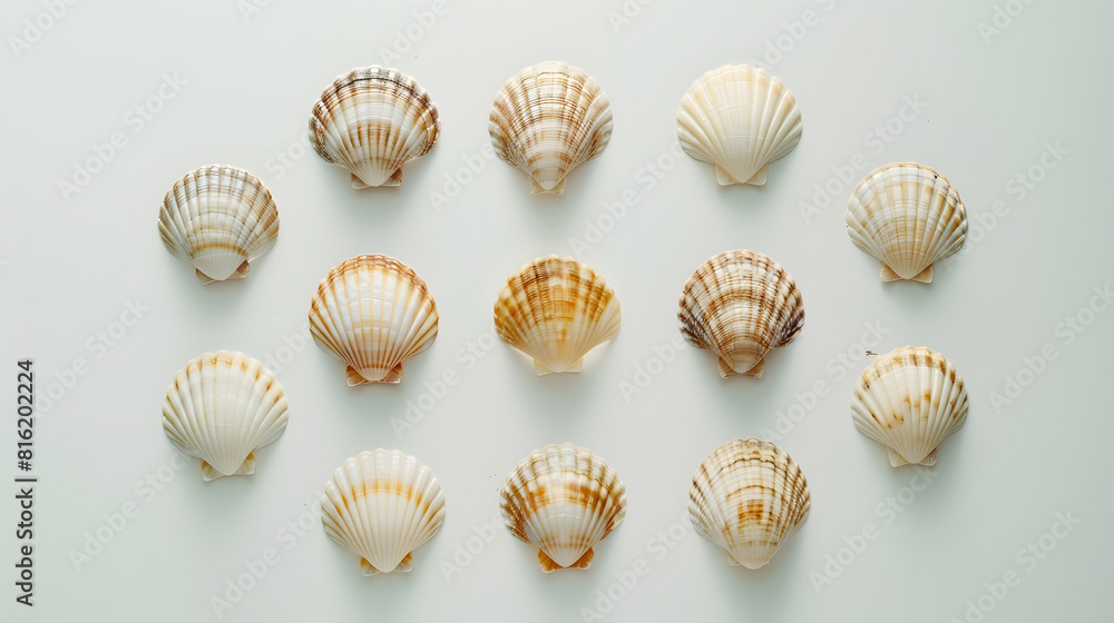 Shooting in the Studio Seashells are laid out in the shape of a square on a light background Shooting from above : Generative AI Shooting in the Studio Seashells are laid out in the shape of a square on a light background Shooting from above : Generative AI