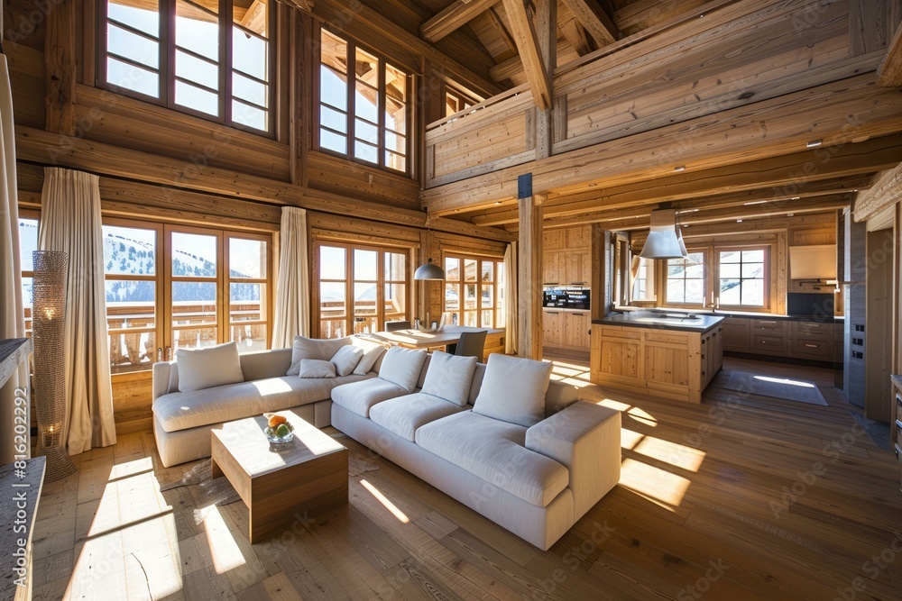 Fototapeta premium Spacious and elegant wooden cabin living room bathed in natural light with mountain view