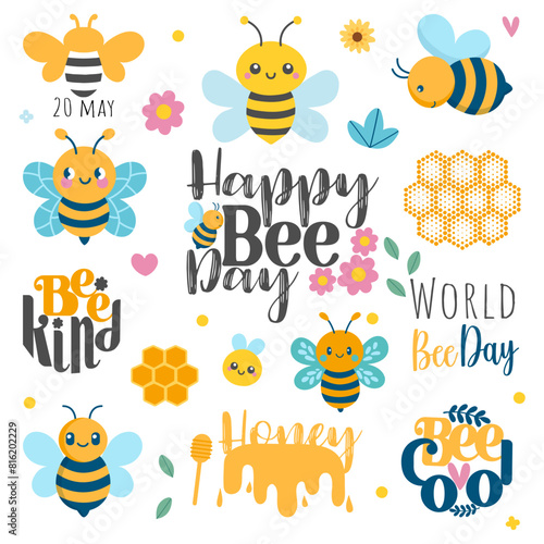 World bee sticker set. Calligraphy hand lettering and cartoon bees isolated on white. Vector template clip art for banner, flyer, sticker, postcard, print.