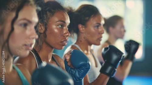 Fototapeta Naklejka Na Ścianę i Meble -  Women's Boxing Class Emphasizing Teamwork and Fitness in a Modern Gym