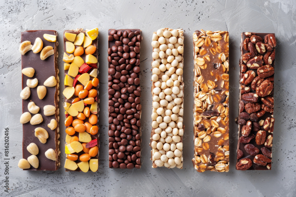 Overhead flat lay view of energy protein bar, healthy cereal granola bar Overhead flat lay view of energy protein bar, healthy cereal granola bar