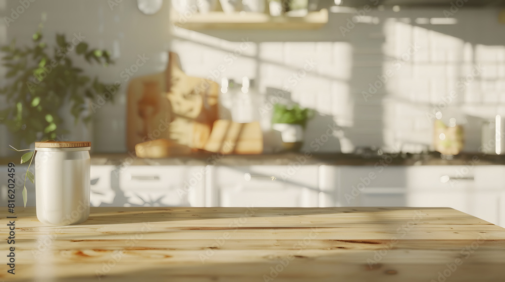 Wooden tabletop with free space for product montage or mockup against blurred white kitchen with cutting board and plant in scandinavian style in morning light : Generative AI