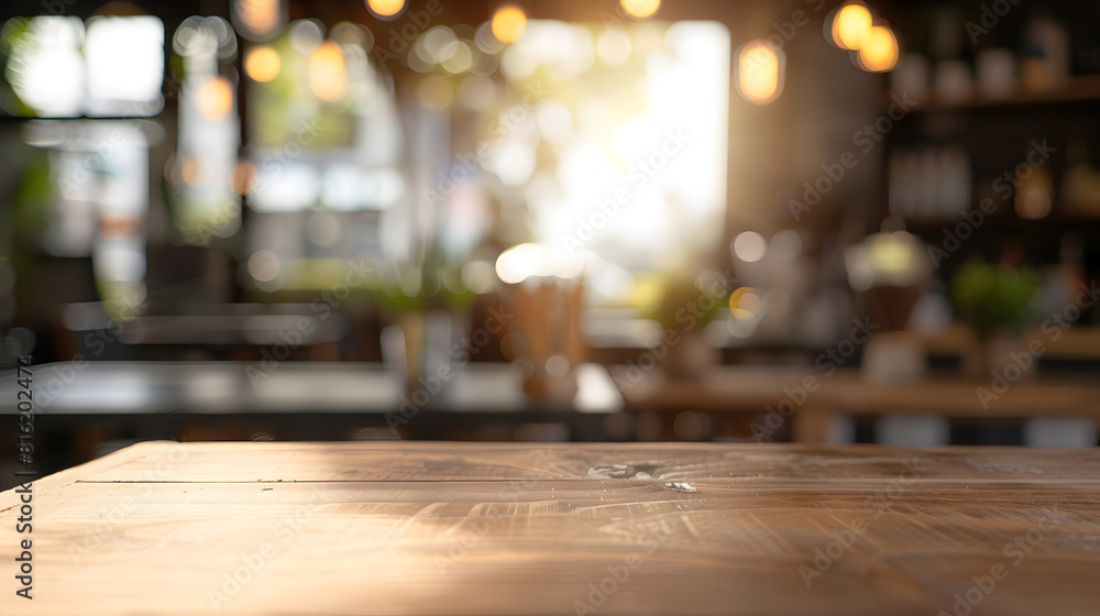 Fototapeta premium Empty coffee table over defocused coffee shop background with copy space : Generative AI