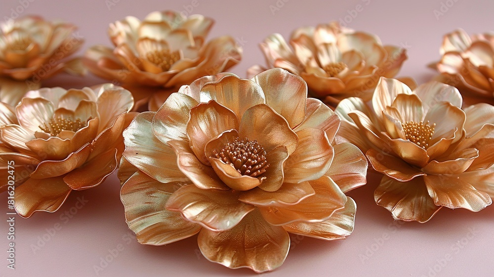 A cluster of golden blooms resting on a pale pink surface before a soft blush wallpaper A cluster of golden blooms resting on a pale pink surface before a soft blush wallpaper
