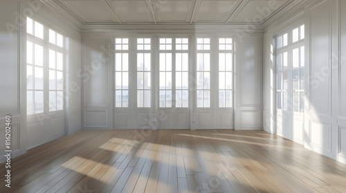 an empty living room with wood flooring and large windows in the room has white walls wooden floors and exposed ceiling : Generative AI