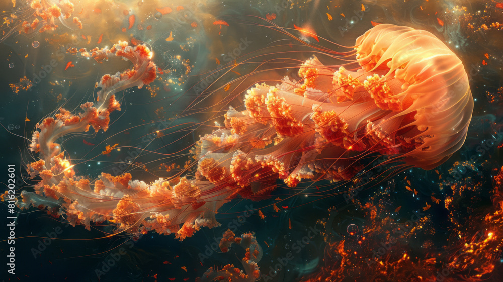 an unclear underwater fusion between a majestic jellyfish and a mystical cat. whirlwind of orchids flowers,generative ai an unclear underwater fusion between a majestic jellyfish and a mystical cat. whirlwind of orchids flowers,generative ai