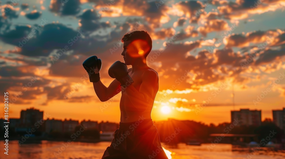 Fototapeta premium Sunset Silhouette of Young Boxer Training - Symbol of Hope and Determination