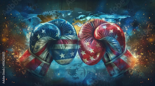 Patriotic International Boxing Match Announcement with Flag-Decorated Gloves and Globe Background