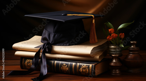 Graduation cap and books with tulips on wooden table. Generative ai