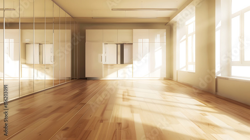 an empty room with wood floors and white cupboards on the left side of the room there is a mirror in the wall : Generative AI