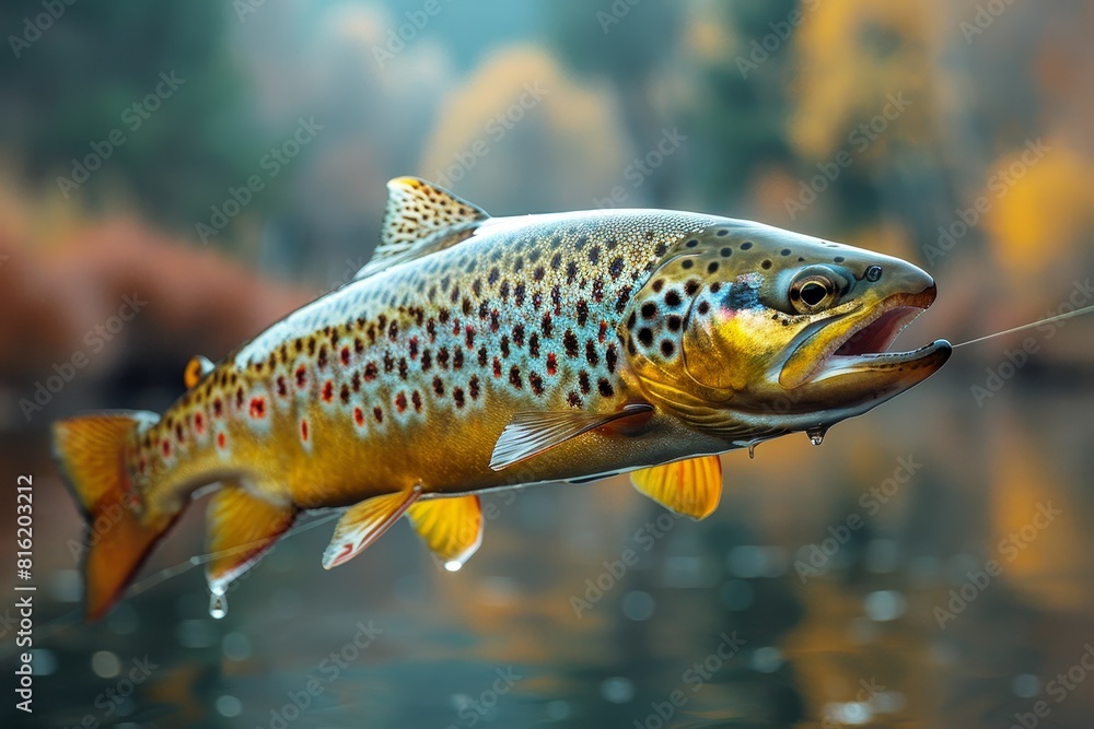 Trout caught on a fishing line against a scenic river backdrop, depicting outdoor recreation. Trout caught on a fishing line against a scenic river backdrop, depicting outdoor recreation.