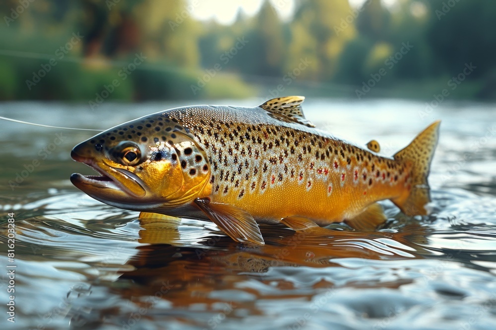 Trout caught on a fishing line against a scenic river backdrop, depicting outdoor recreation. Trout caught on a fishing line against a scenic river backdrop, depicting outdoor recreation.