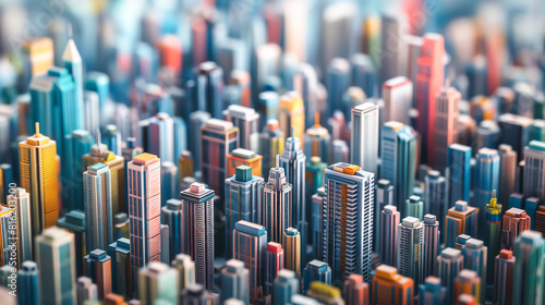 Modeled as a 3D cityscape where each building represents a different store  Futuristic skyline  Colorful cityscape  Mini building model 