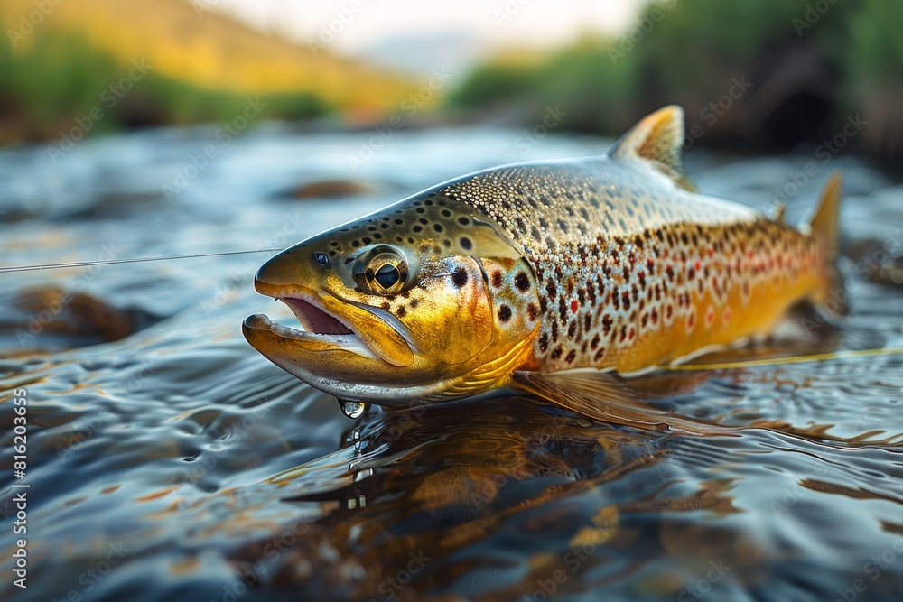 Trout caught on a fishing line against a scenic river backdrop, depicting outdoor recreation. 