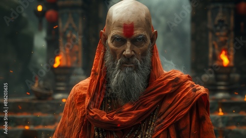 Old serious monk near the temple. Closeup portrait of man with strong look and gray beard, wearing red clothes.