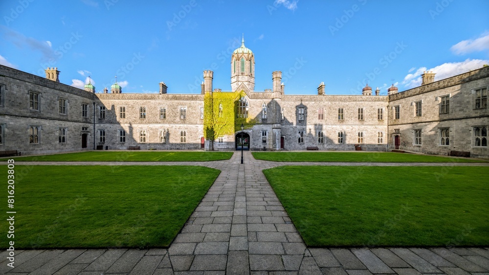 The University of Galway, quadrangle in Ireland, architecture and landmarks background