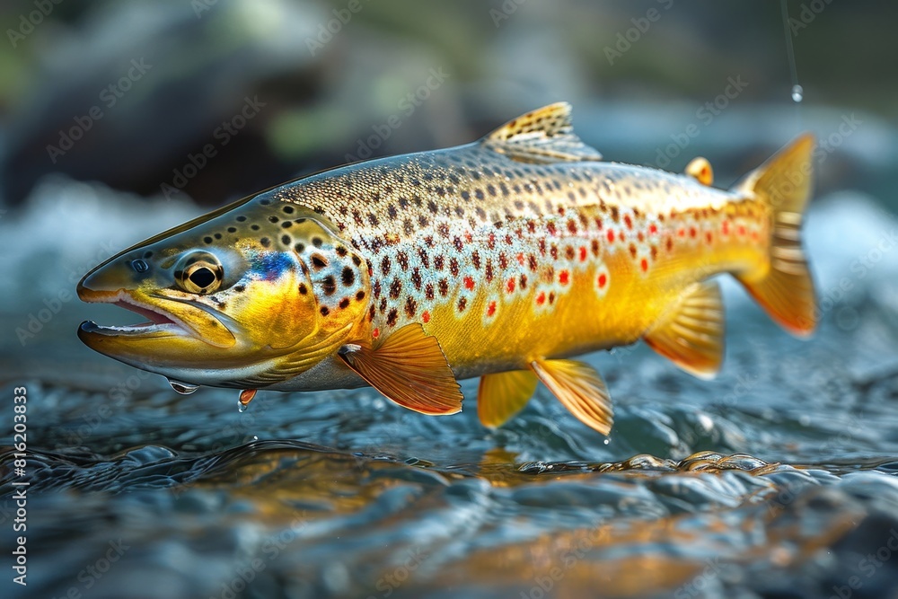 Trout caught on a fishing line against a scenic river backdrop, depicting outdoor recreation. Trout caught on a fishing line against a scenic river backdrop, depicting outdoor recreation.