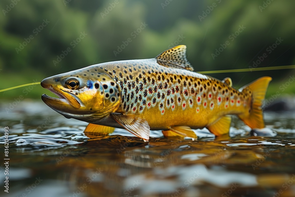 Trout caught on a fishing line against a scenic river backdrop, depicting outdoor recreation. Trout caught on a fishing line against a scenic river backdrop, depicting outdoor recreation.