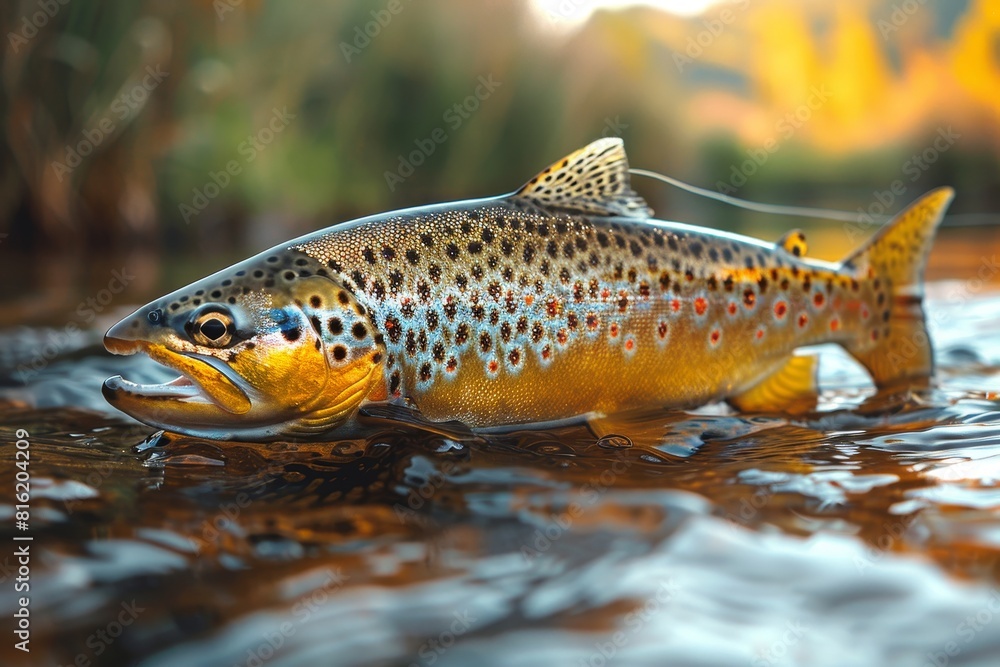 Trout caught on a fishing line against a scenic river backdrop, depicting outdoor recreation. Trout caught on a fishing line against a scenic river backdrop, depicting outdoor recreation.