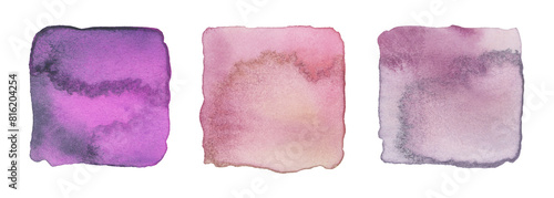 Ink watercolor hand drawn square stain painting blot. Wet pink, violet, lilac pastel color paper texture background. Set.