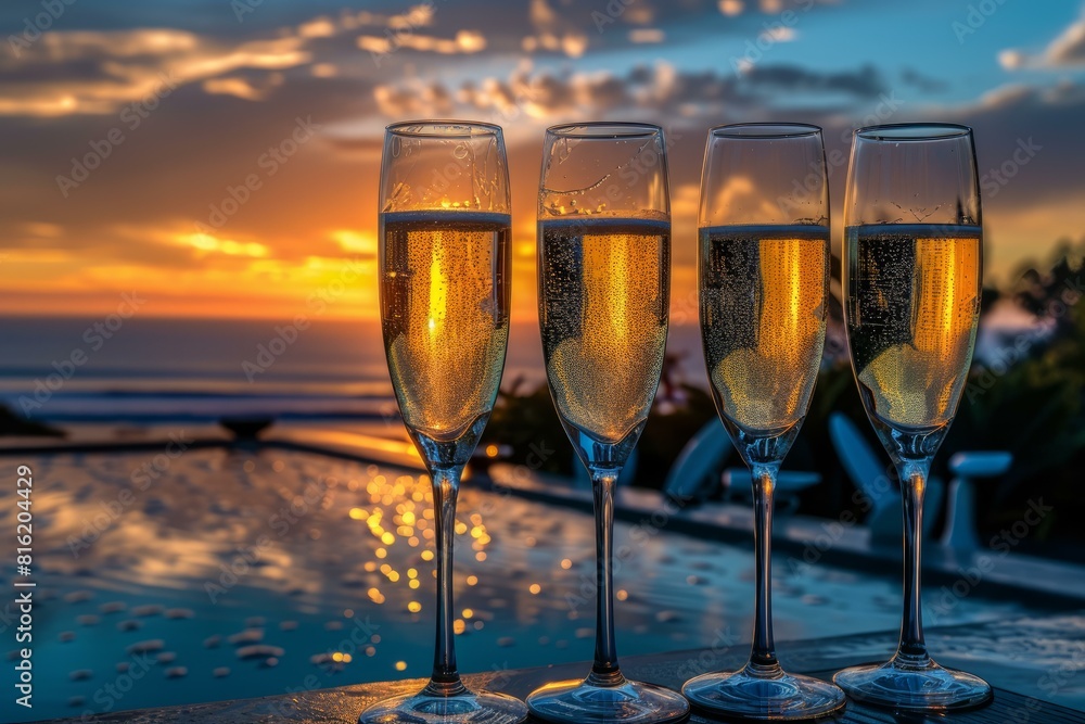Elegant glasses of sparkling champagne against a vibrant sunset backdrop Elegant glasses of sparkling champagne against a vibrant sunset backdrop
