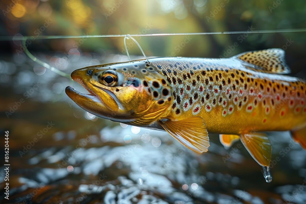 Trout caught on a fishing line against a scenic river backdrop, depicting outdoor recreation. 