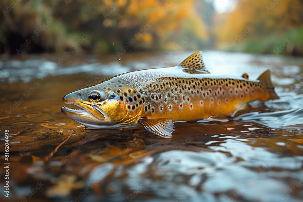 Trout caught on a fishing line against a scenic river backdrop, depicting outdoor recreation. Trout caught on a fishing line against a scenic river backdrop, depicting outdoor recreation.