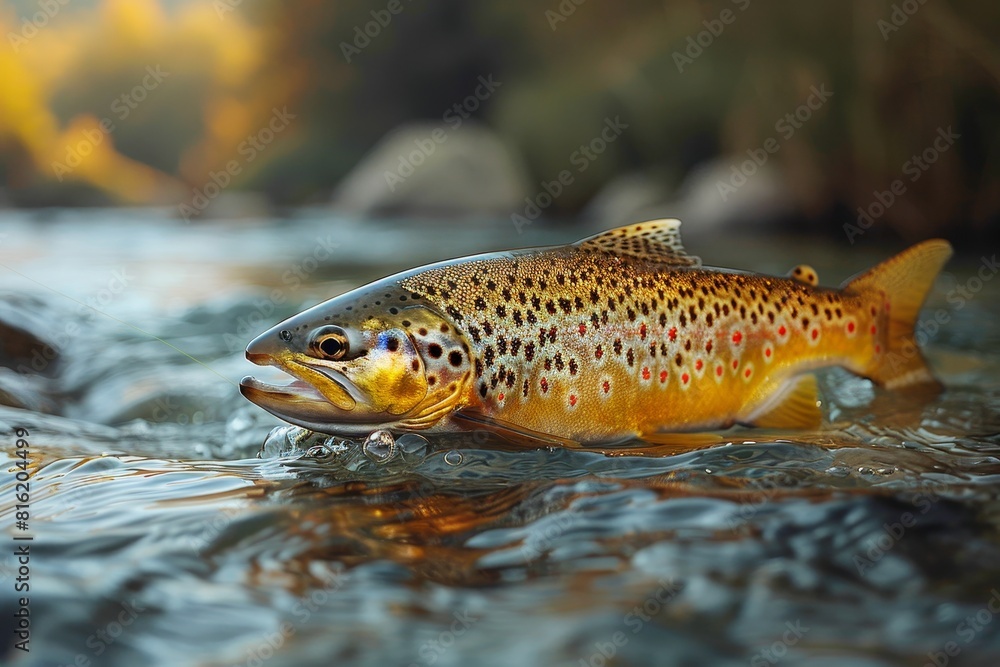 Trout caught on a fishing line against a scenic river backdrop, depicting outdoor recreation. Trout caught on a fishing line against a scenic river backdrop, depicting outdoor recreation.