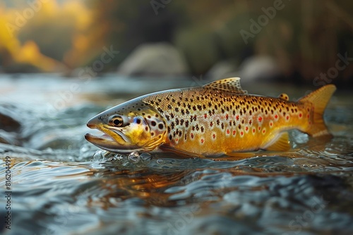 Trout caught on a fishing line against a scenic river backdrop, depicting outdoor recreation.  © Nico