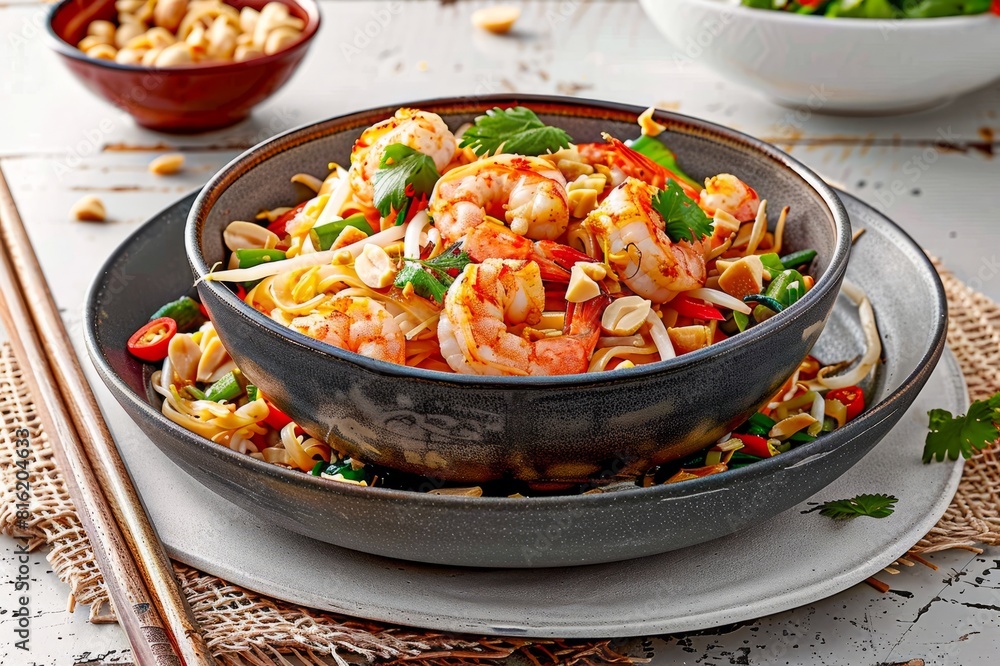 Stir fry noodles with shrimps and vegetables in a bowl Stir fry noodles with shrimps and vegetables in a bowl