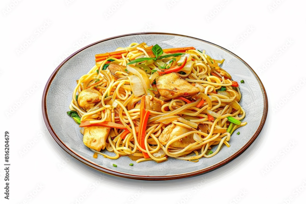 stir-fried noodles with chicken and vegetables on plate isolated on white background