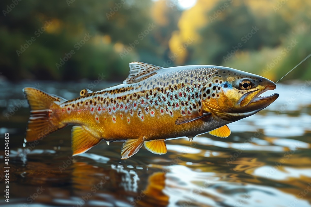 Trout caught on a fishing line against a scenic river backdrop, depicting outdoor recreation. Trout caught on a fishing line against a scenic river backdrop, depicting outdoor recreation.