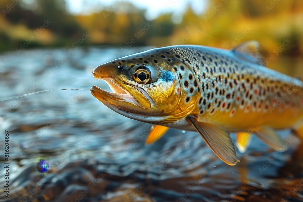 Trout caught on a fishing line against a scenic river backdrop, depicting outdoor recreation. Trout caught on a fishing line against a scenic river backdrop, depicting outdoor recreation.