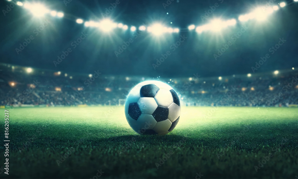 Fototapeta premium Close up of a soccer ball in the center of the stadium illuminated by the headlights