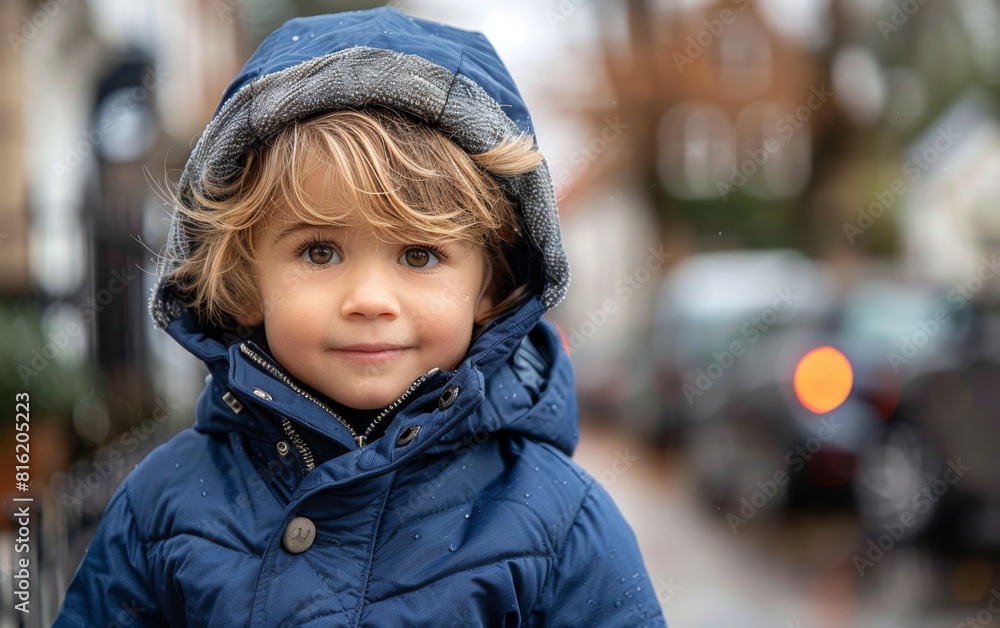 A young boy wearing a blue jacket stands on a busy city street A young boy wearing a blue jacket stands on a busy city street