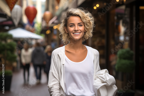 hermosa mujer sonriente con el pelo corto rubio rizado caminando en la calle comercial.
Día de compras o relajarse al aire libre mientras mira una tienda. photo