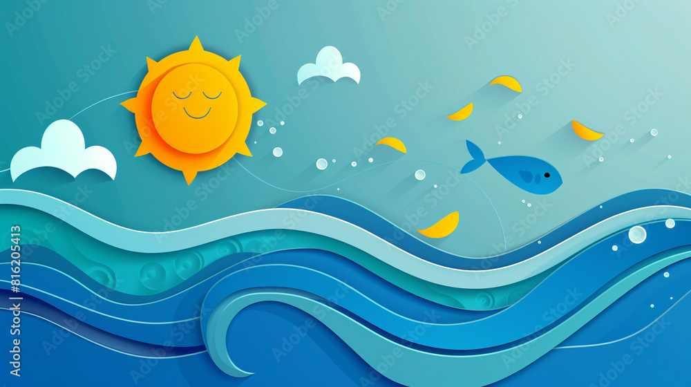Cute children's drawing with sun, sea, fish.