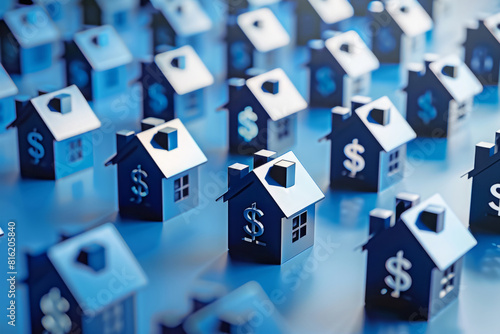 Small houses and dollar signs on blue background. Concept of investing in real estate, mortgage rates and rent cost photo