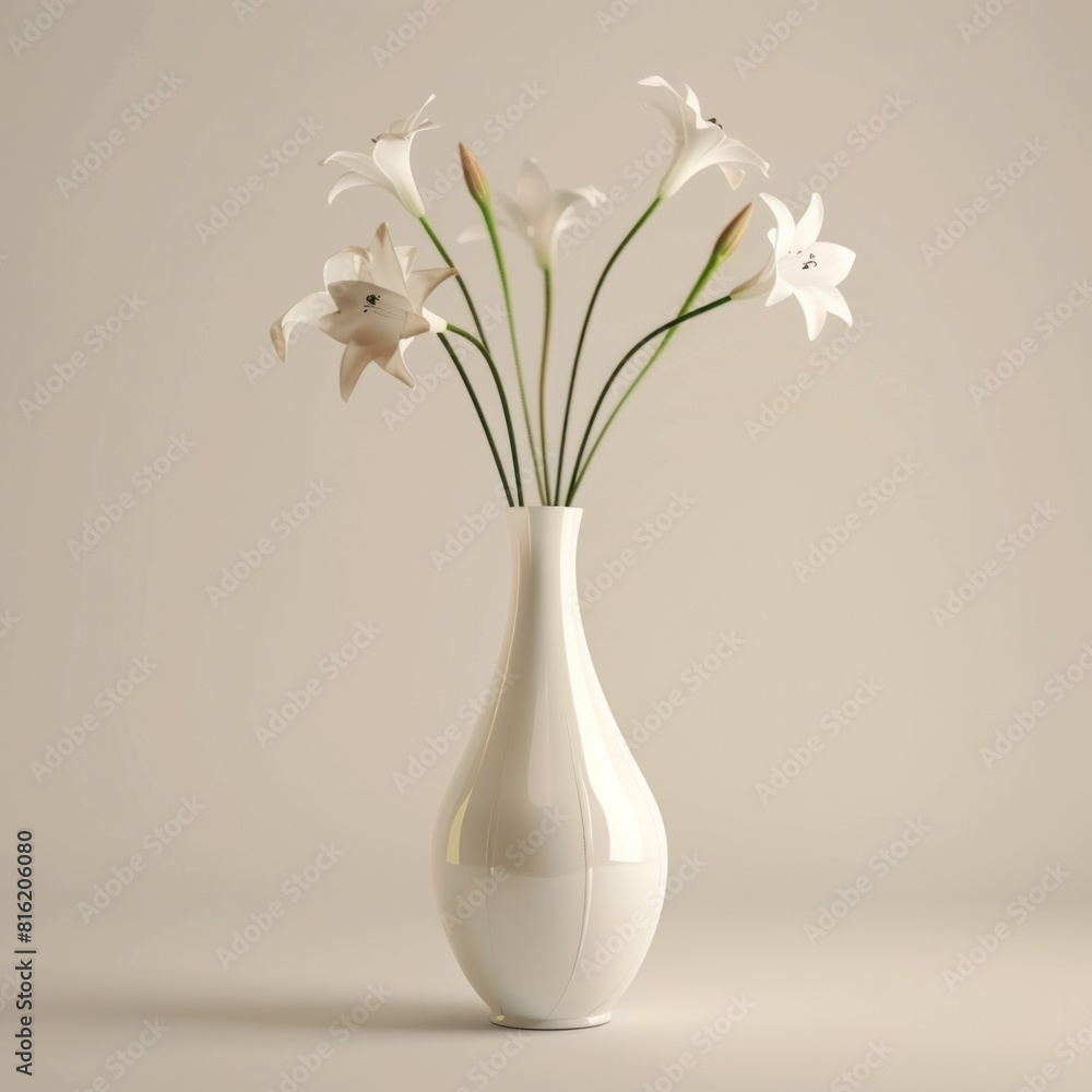 White lilies elegantly arranged in a white vase against a soft beige background White lilies elegantly arranged in a white vase against a soft beige background
