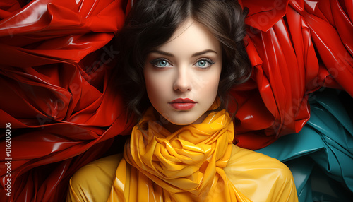 Retrato abstracto de moda de una mujer con un colorido traje de látex y labios rojos. 
Rodeado de azul brillante, amarillo, naranja y rosa formas abstractas en el estilo de un estilo futurista. photo