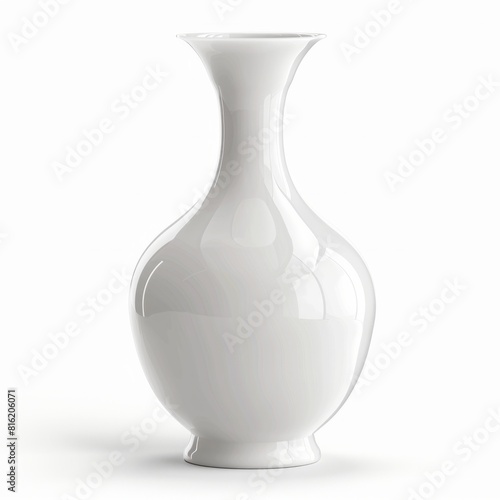 A pristine white vase gracefully stands on a stark white surface