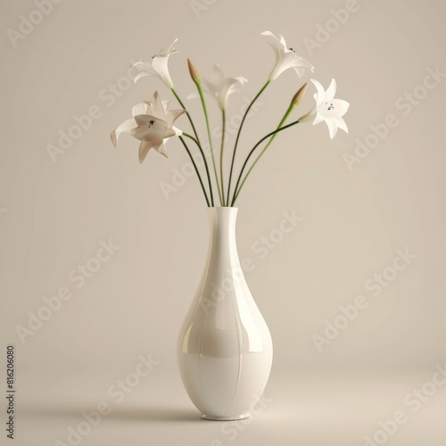 White lilies elegantly arranged in a white vase against a soft beige background