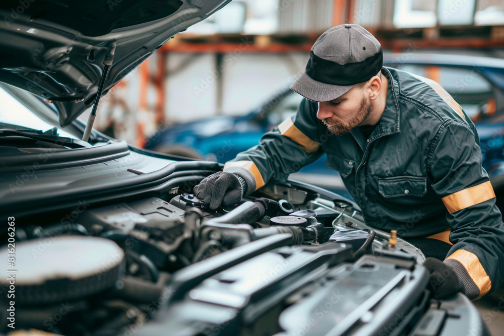 Auto mechanic meticulously engine performance issues modern service station Auto mechanic meticulously engine performance issues modern service station