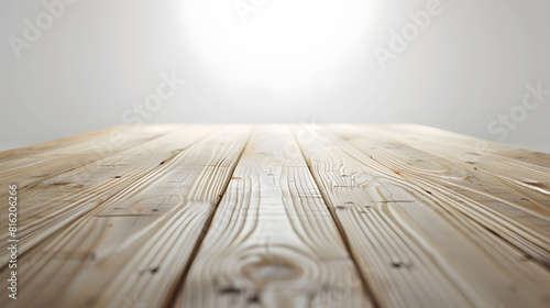 Empty wooden table for product placement or montage with focus to table top in the foreground with white background Wooden board empty table perspective : Generative AI photo