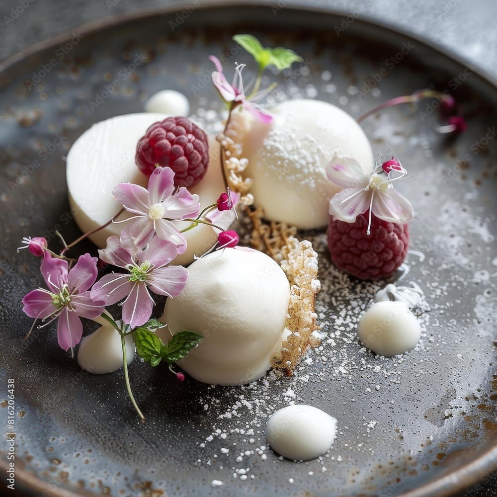 Artfully plated white ice cream scoops complemented by raspberries and delicate pink flowers for a chic presentation Artfully plated white ice cream scoops complemented by raspberries and delicate pink flowers for a chic presentation