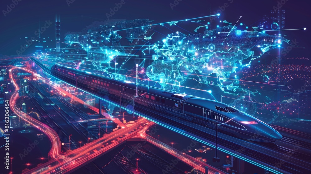 Fototapeta premium Global High-Speed Train Network Illustrated on a Stylized World Map