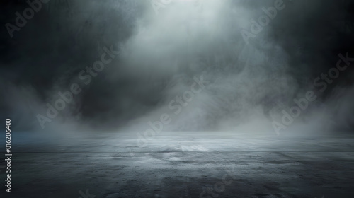 Abstract image of dark room concrete floor Black room or stage background for product placementPanoramic view of the abstract fog White cloudiness mist or smog moves on black backgroun : Generative AI photo